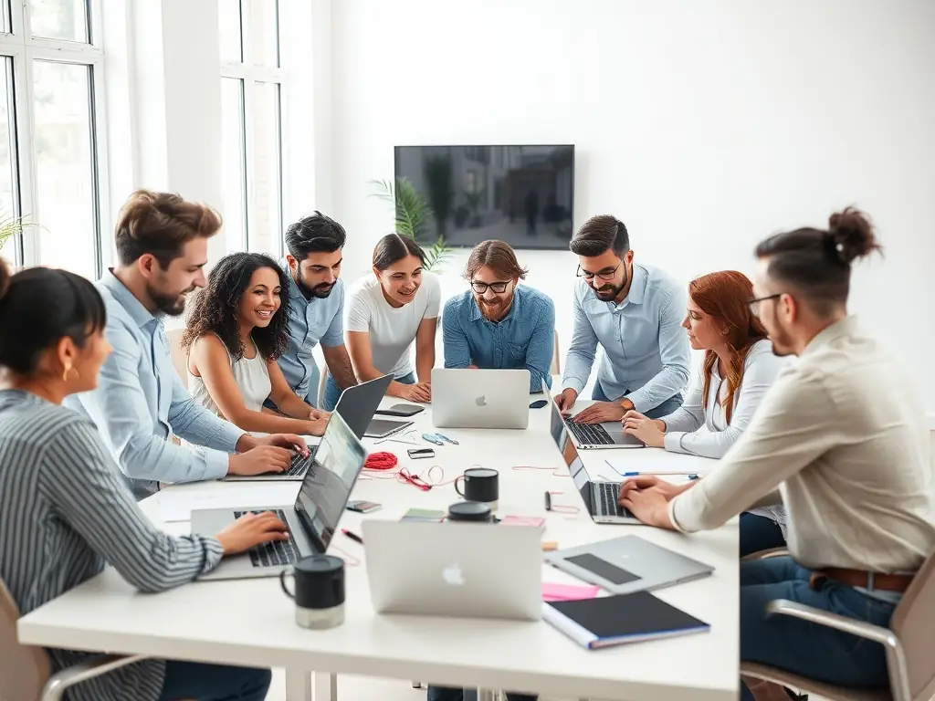 A creative digital marketing team collaborating in a modern workspace, analyzing campaign performance metrics on multiple computer screens and brainstorming new ideas.